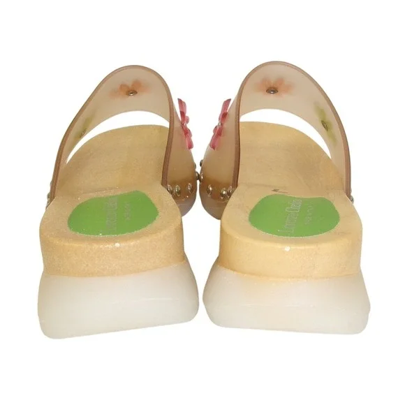Lorenzo Chelini Italy Floral Translucent Wooden Wedge Slide Sandals NOS 7 - Picture 4 of 5